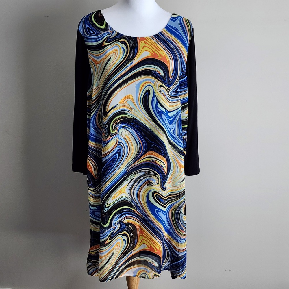 Cupio Shift Dress Womens XL Multi Abstract Swirl Sheer Overlay Long Sleeve Retro